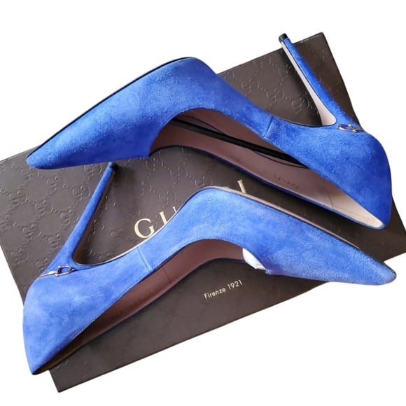EUC GUCCI Blue Suede Leather Kid Scamosciato Heel Pump IOB - Picture 6 of 12
